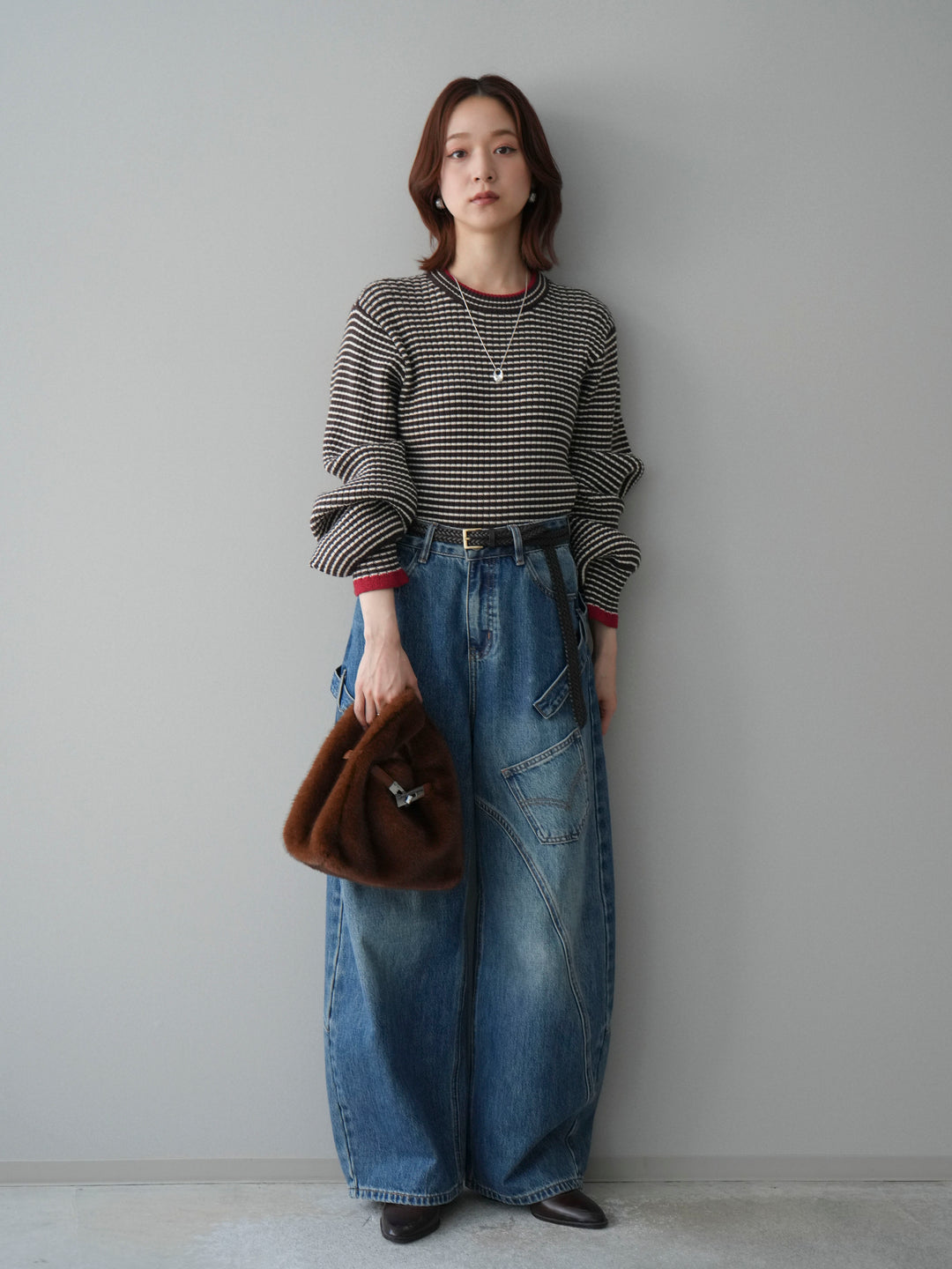 [SET]ラメ異素材ボーダーリブニットプルオーバー+ペインターカーブデニムパンツ(2set)