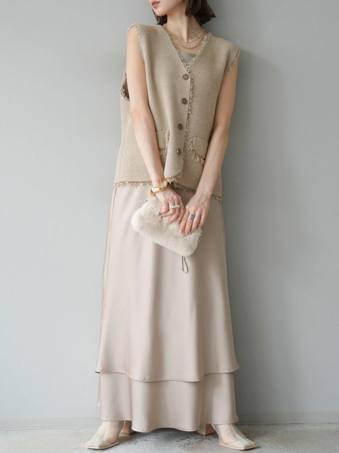 [予約]サテンフリルスカート/ベージュ