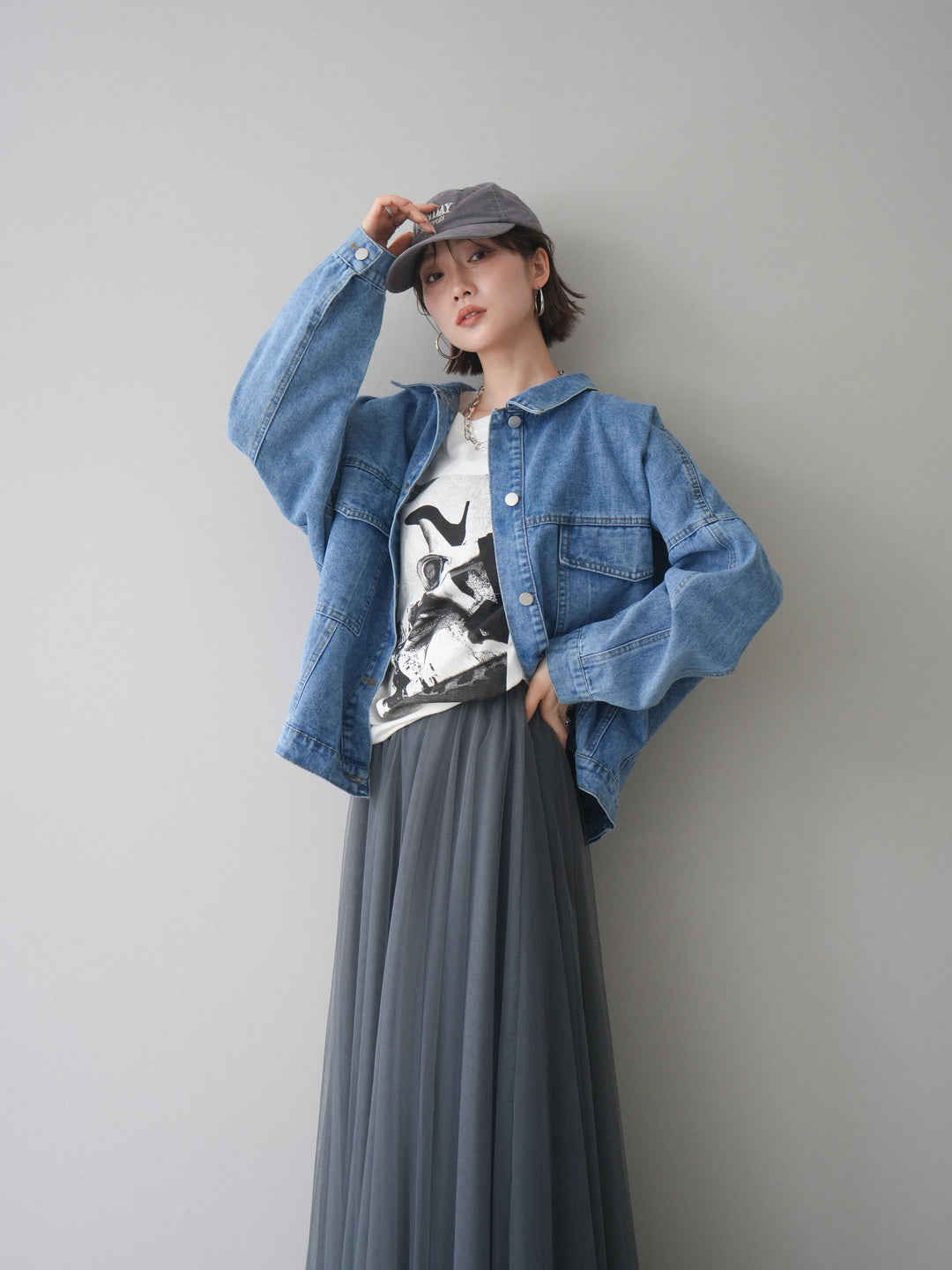 [SET]ルーズシルエットデニムジャケット+チュールボリュームスカート(2set)