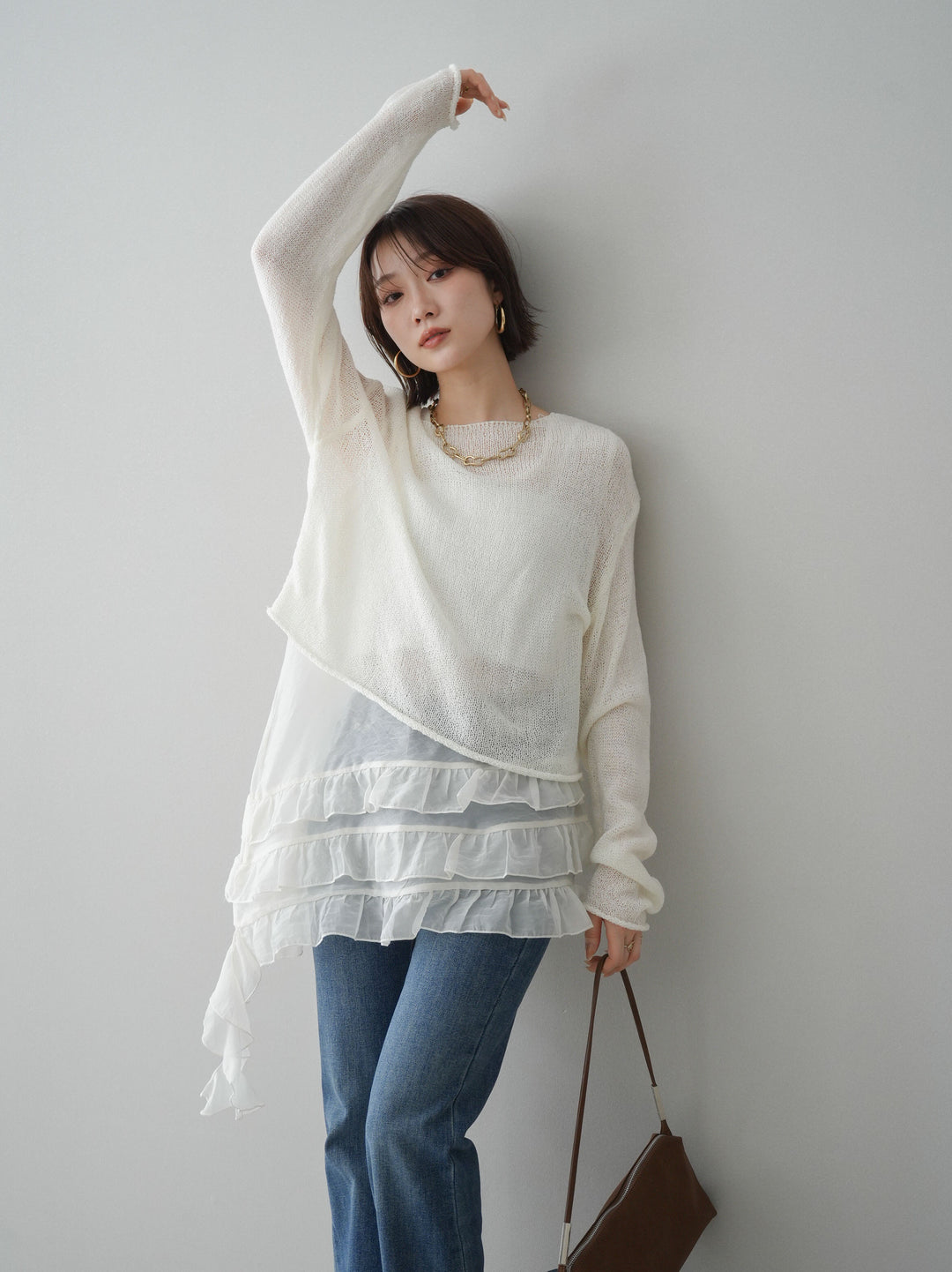 [予約]ラッフルオーガンジータンクトップ＆ニットアンサンブル/white