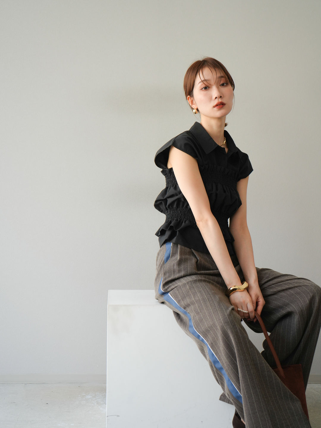 [予約]サイドラインストライプワイドパンツ/ブラウン