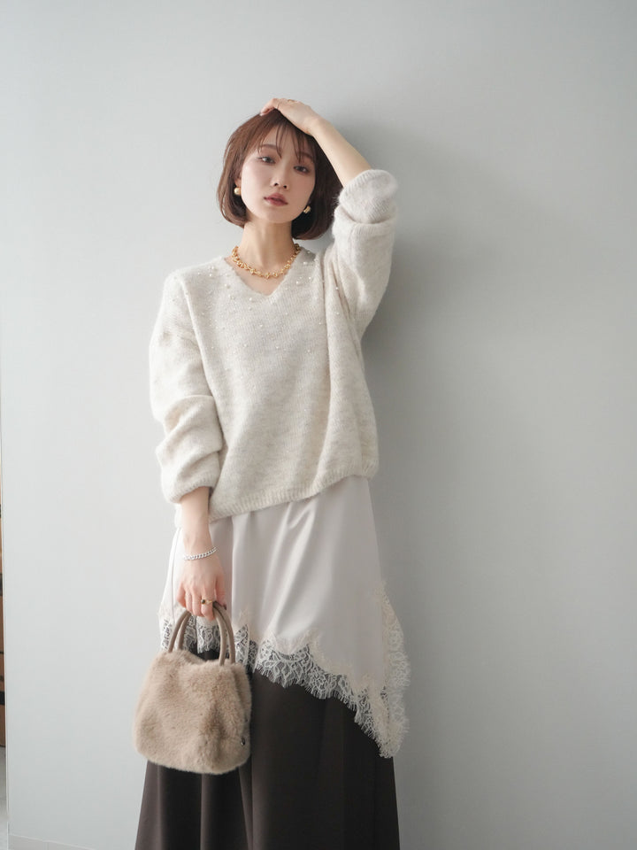 [SET]パール×ビジューVネックニットプルオーバー+アシンメトリーサテンレースキャミソール+テープベルトタックバギーパンツ(3set)