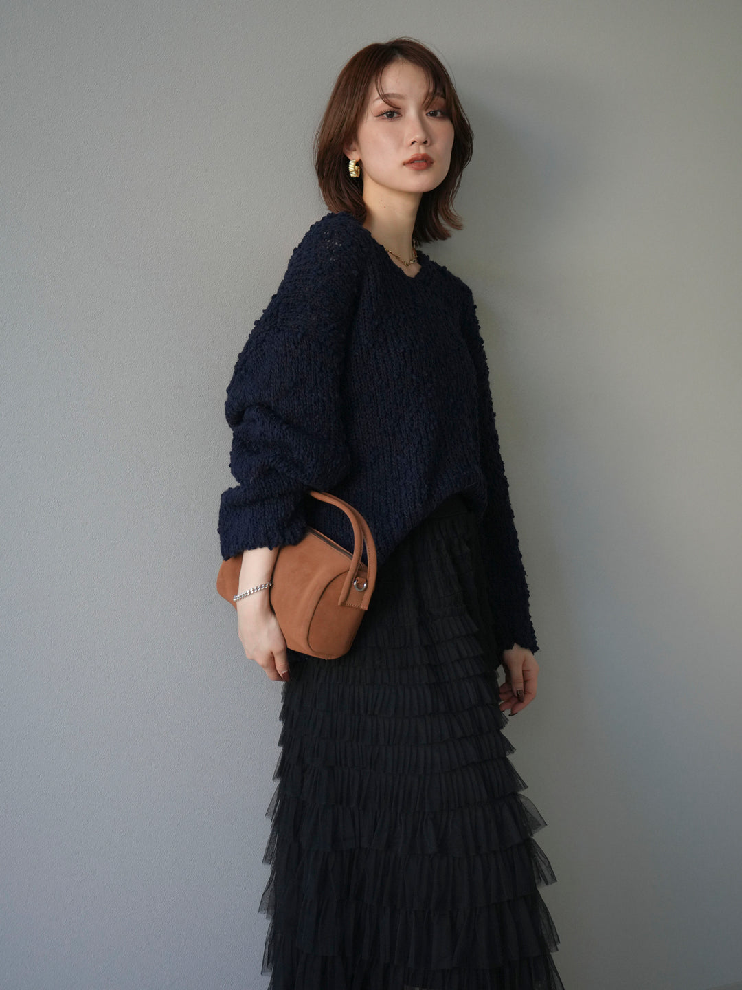 [予約]メランジポコポコニットプルオーバー/navy