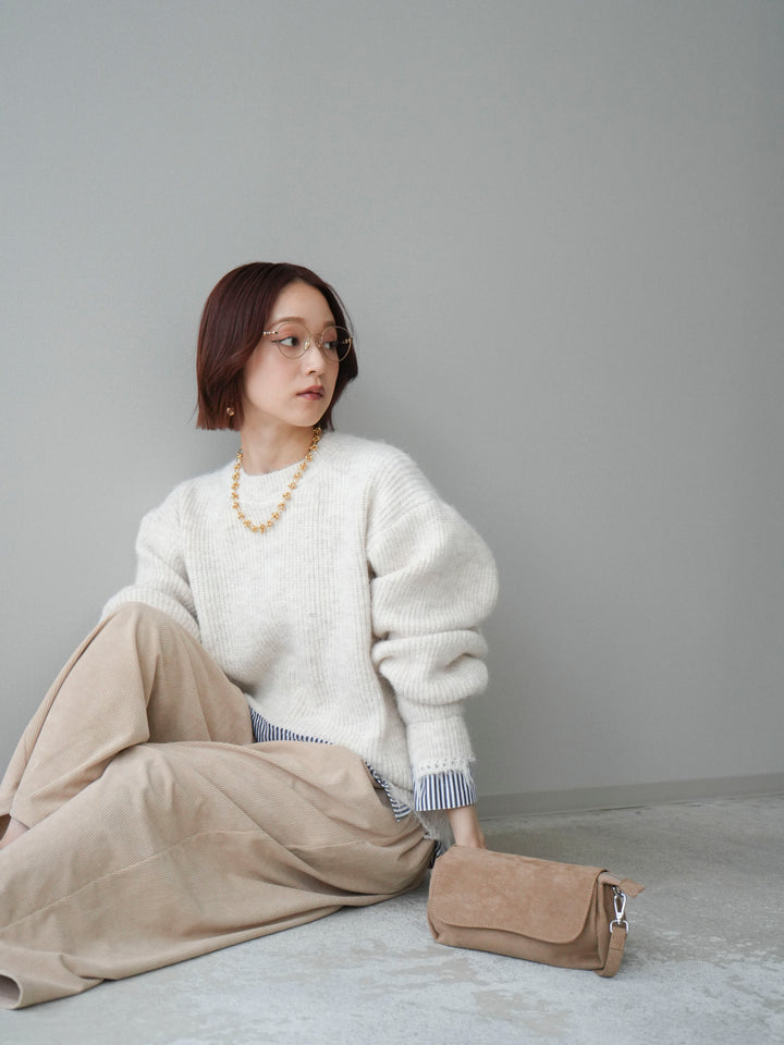 [SET]裾シャツレイヤードダメージニットプルオーバー+コーデュロイサイドタックコクーンパンツ(2set)