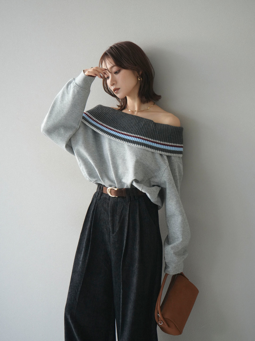 [予約]ボーダーニットオフショルダーxスウェットプルオーバー/gray