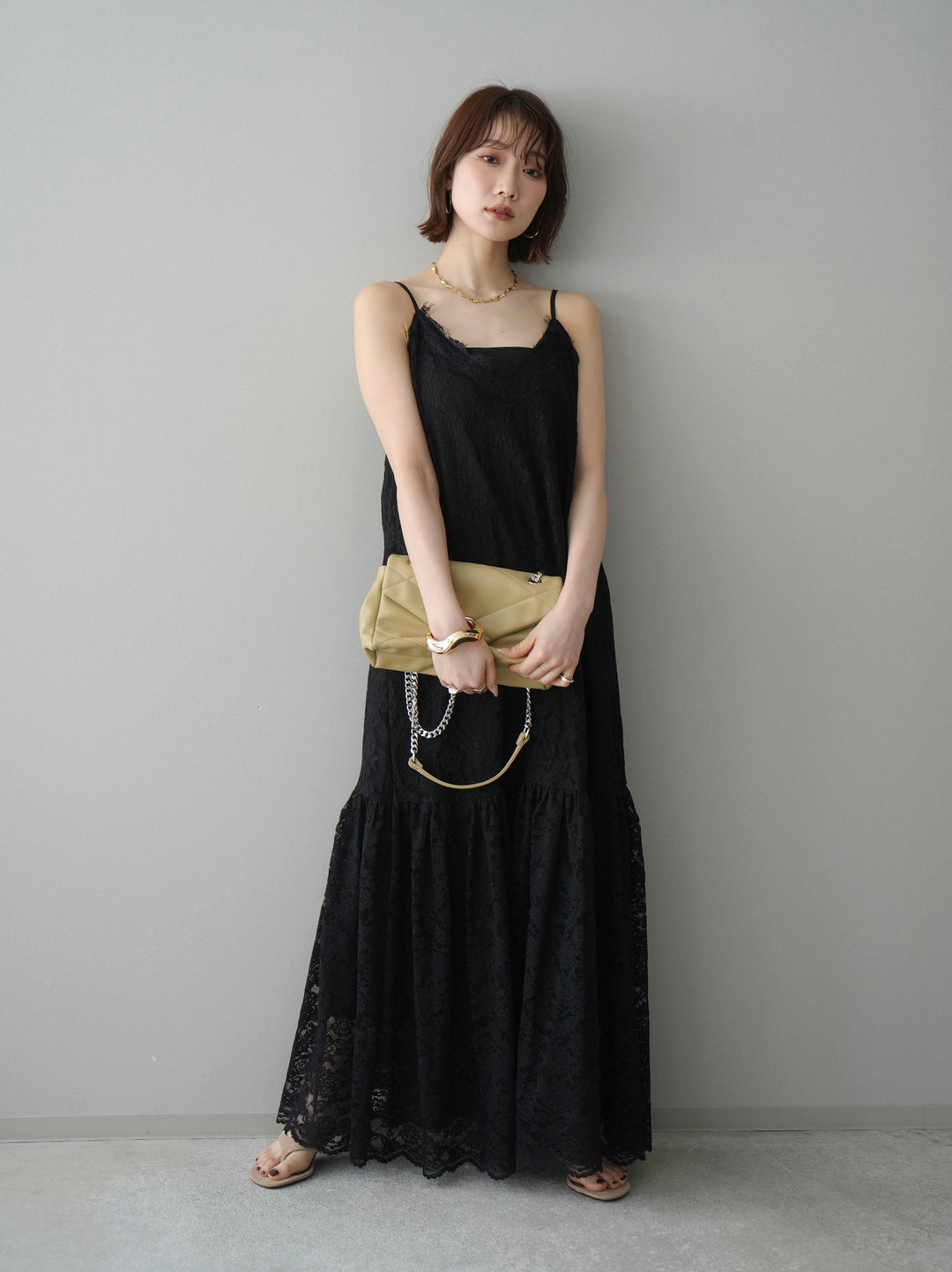 [予約]ギャザー切替レースキャミワンピース/black