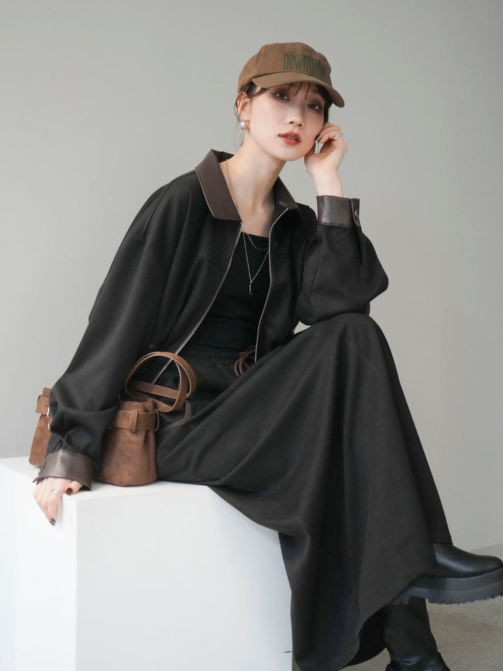 [予約]レザー襟配色パイピングブルゾン/black