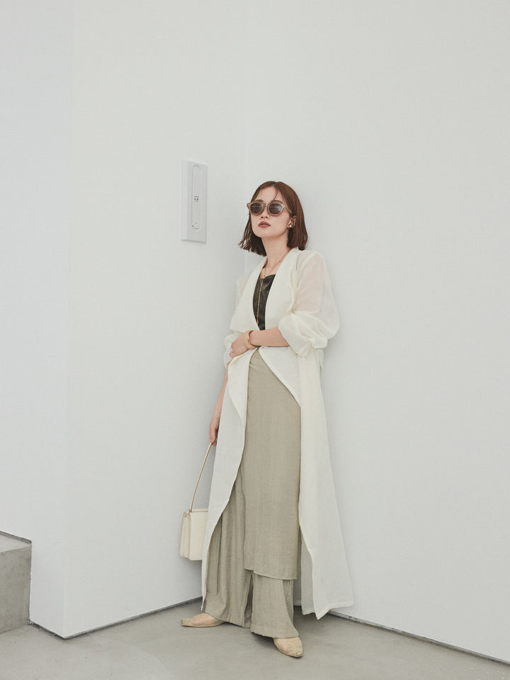 [SET] 方形天鵝絨背心 + 水洗緞層疊裙褲 + 透視長外套 (3 件套)