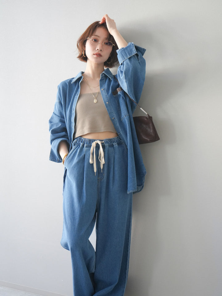 [SET]ポイントレザーオーバーデニムシャツ+ドロストワイドデニムパンツ(2set)