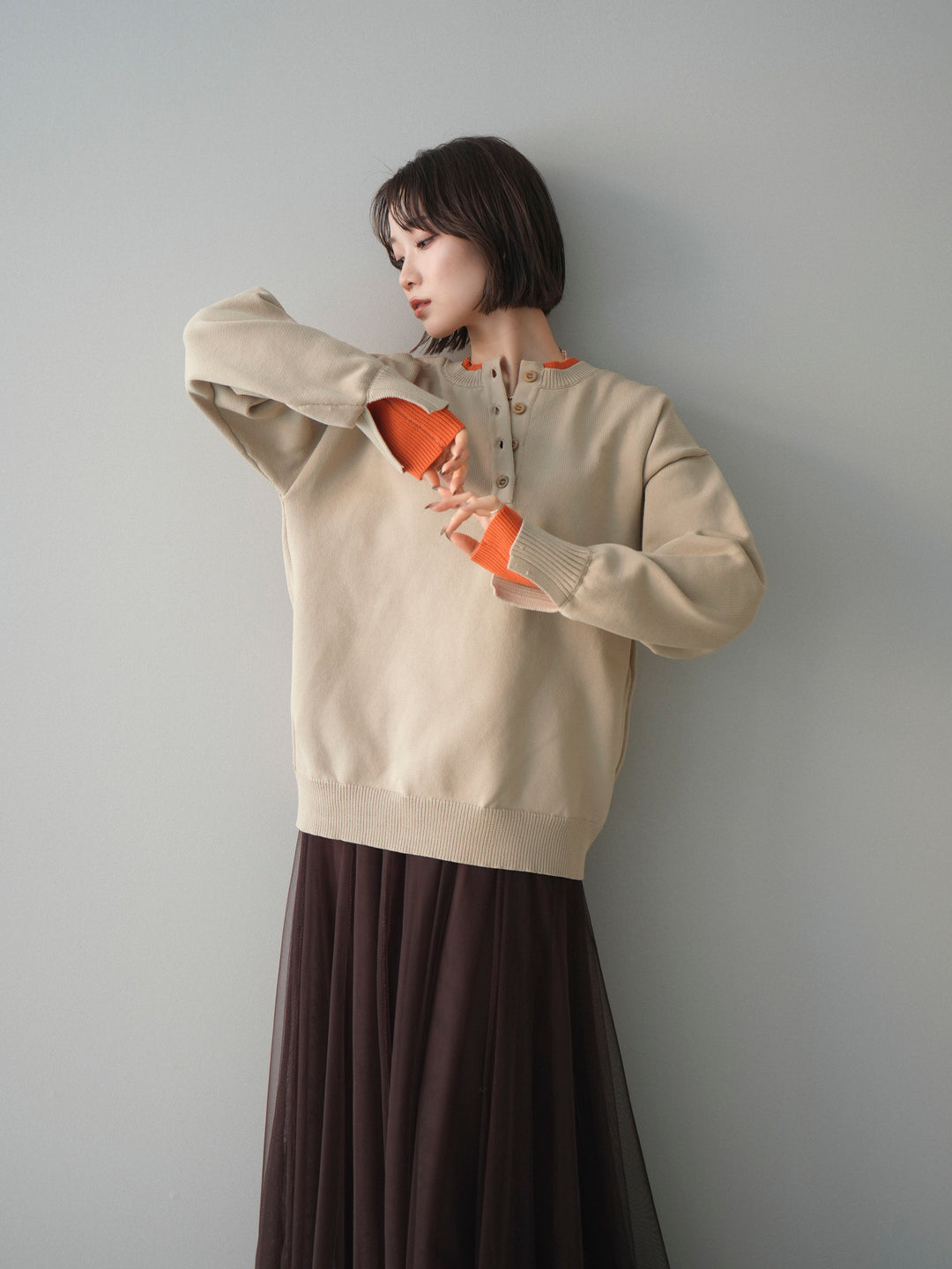 [予約]2WAYネック配色レイヤードニットプルオーバー/beige