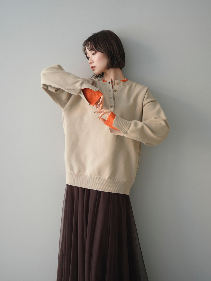 [予約]2WAYネック配色レイヤードニットプルオーバー/beige