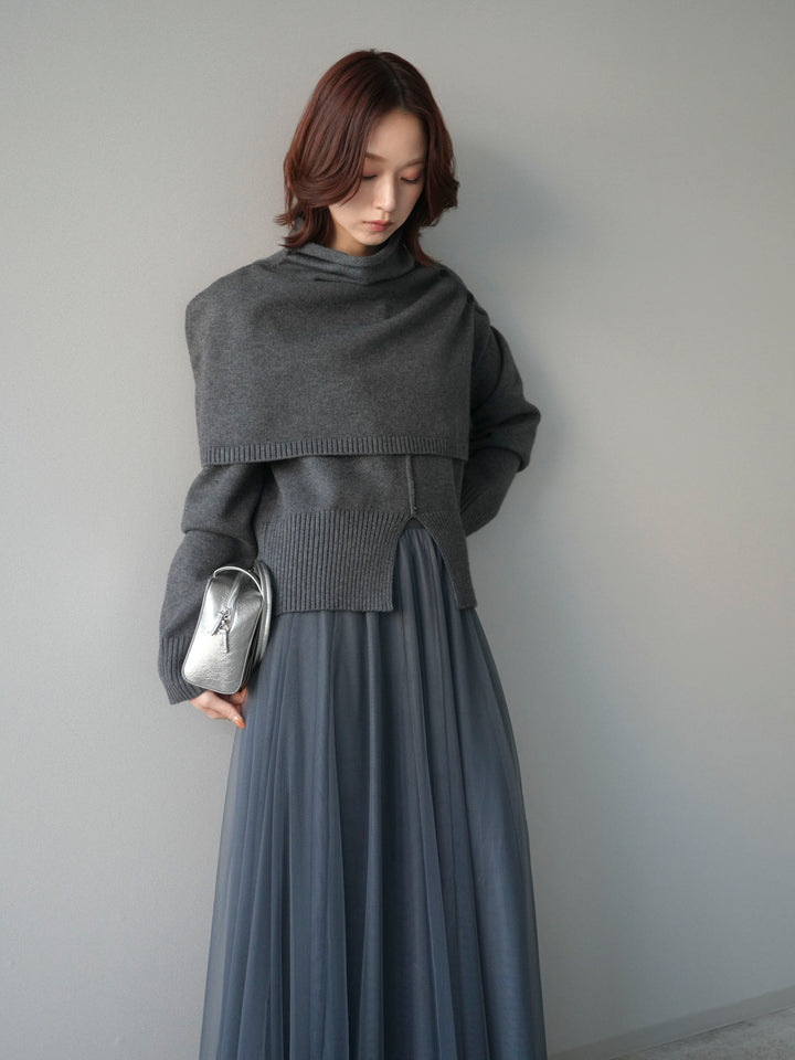[予約]フロントスリットネックアンサンブルニット/charcoal