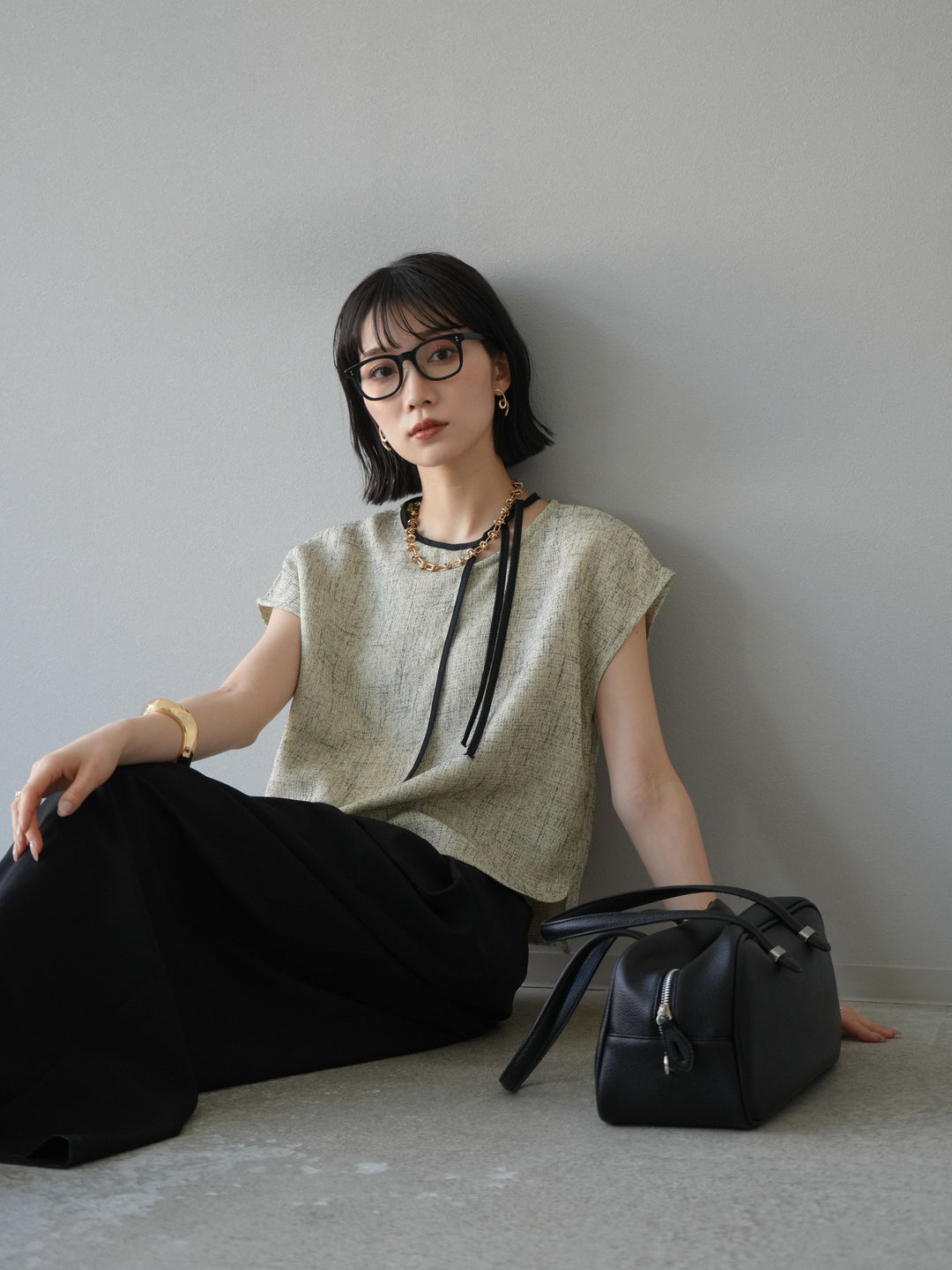 [SET]サマーツイードケープデザインプルオーバー+クレープシフォンタックワイドパンツ(2set)