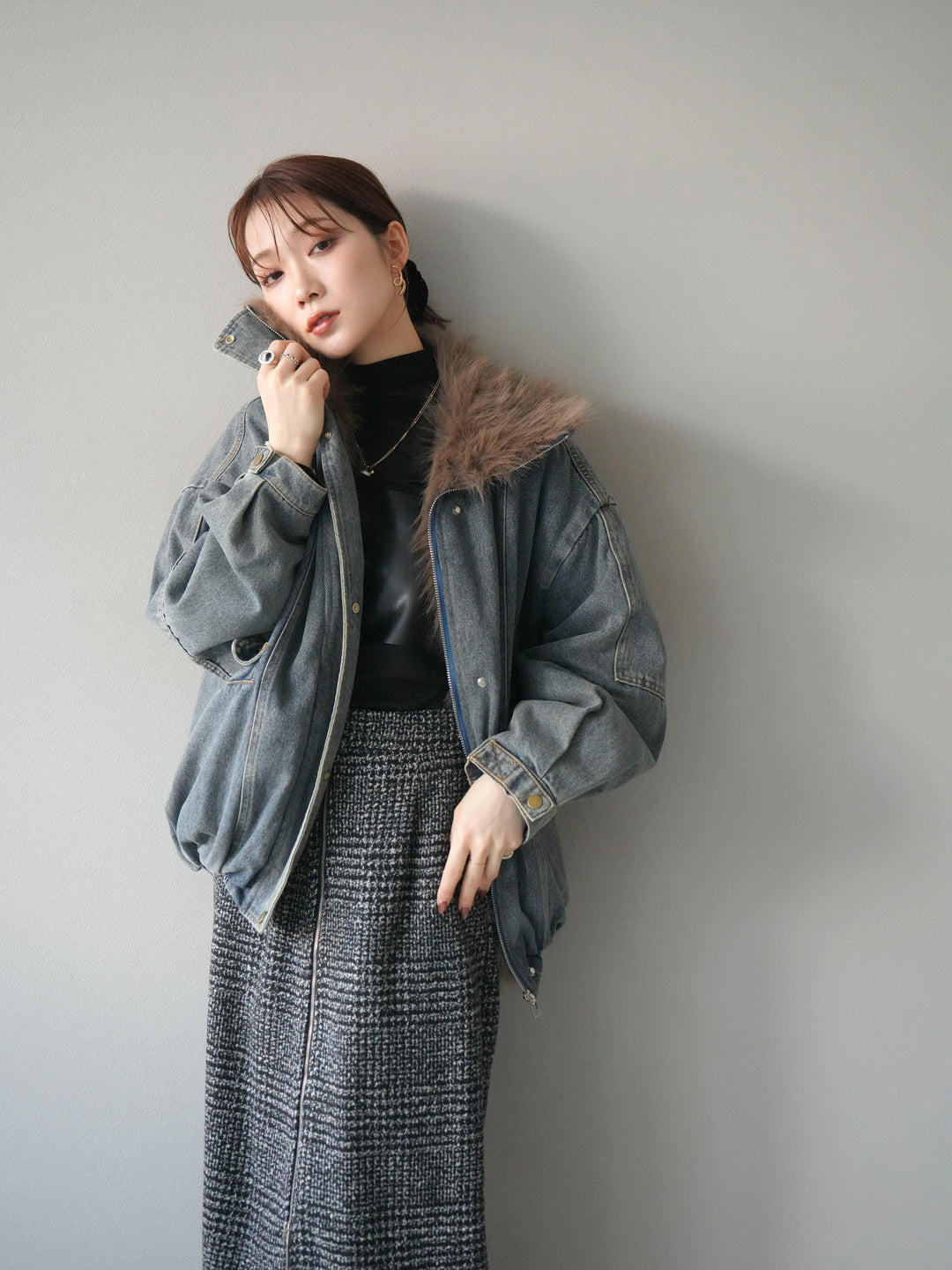 [予約]デニムxファーブルゾン/denimbrown