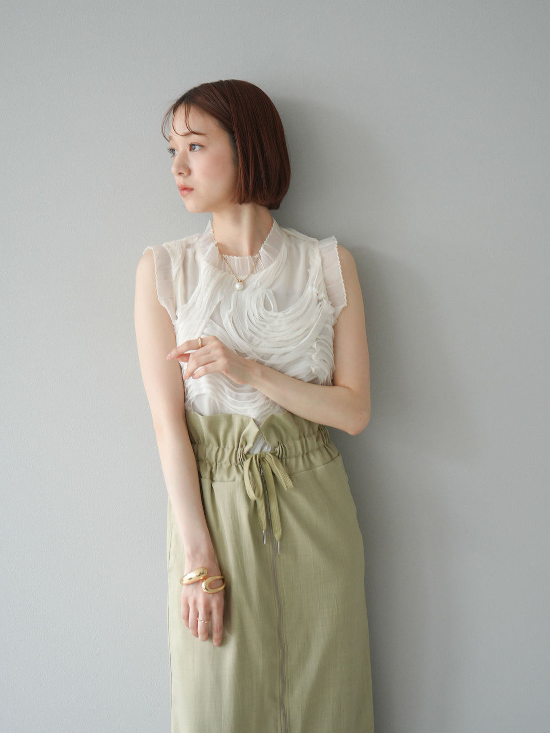 [SET]チュールジャガードノースリブラウス+ヘザーエステルギャザージップスカート(2set)