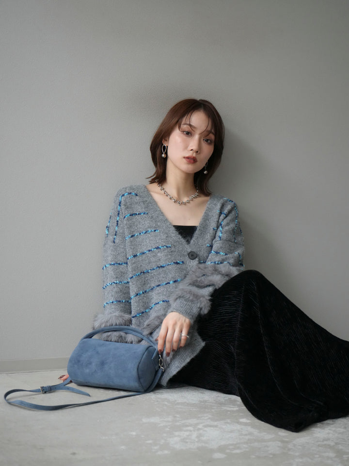 [予約]フェザーライン配色シャギーニットカーディガン/グレー