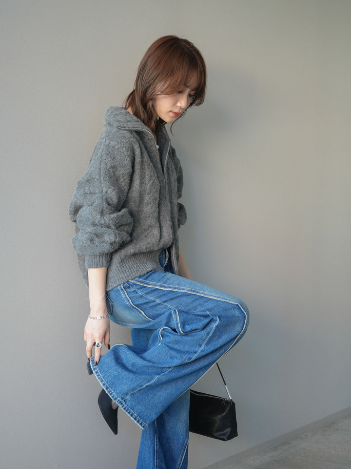 [予約]ケーブル編みハイネックZIPニットカーディガン/gray