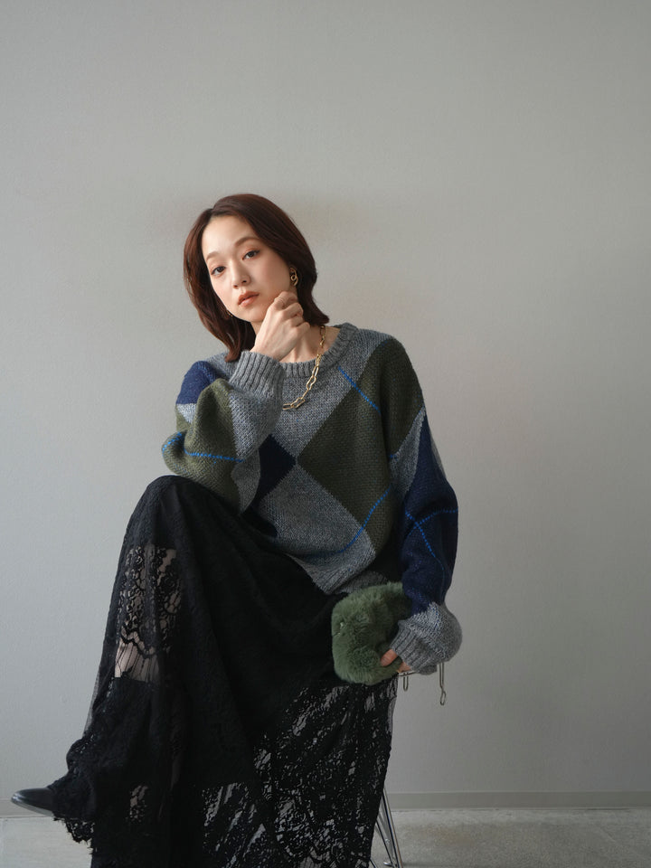 [SET]配色ステッチアーガイル柄ニットプルオーバー+ヴィンテージライクメッシュレーススカート(2set)