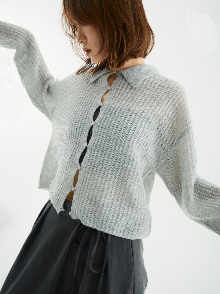 【Allure】[SET]起毛片畦編みシアーポロニット+ラップデザインタックワイドパンツ(2set)