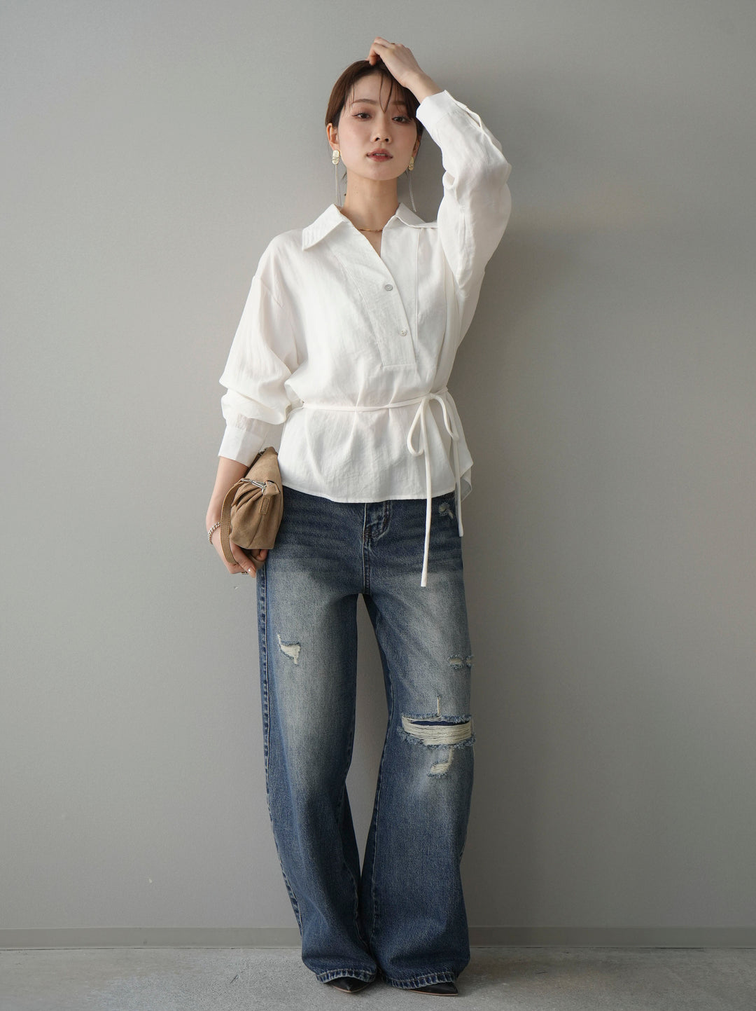 [SET]Vネック変形ラインシャツ+ダメージデニムセミワイドパンツ(2set)