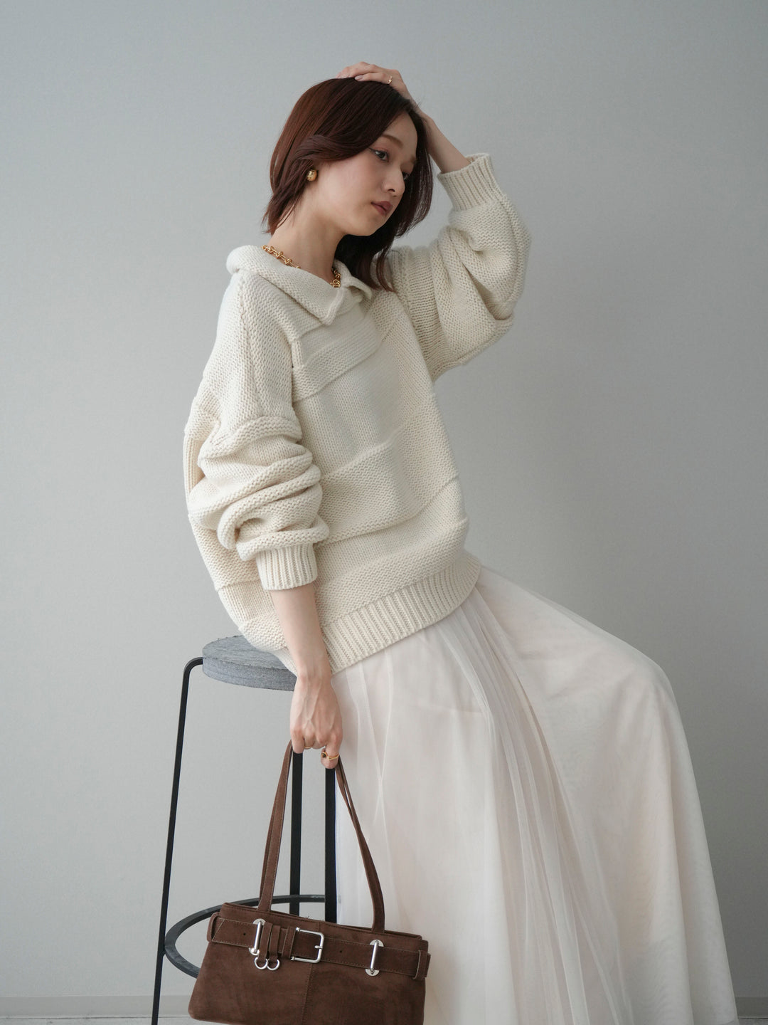 [SET]襟付きボーダー編みニットプルオーバー+チュールボリュームスカート(2set)