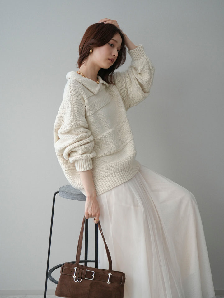 [SET]襟付きボーダー編みニットプルオーバー+チュールボリュームスカート(2set)