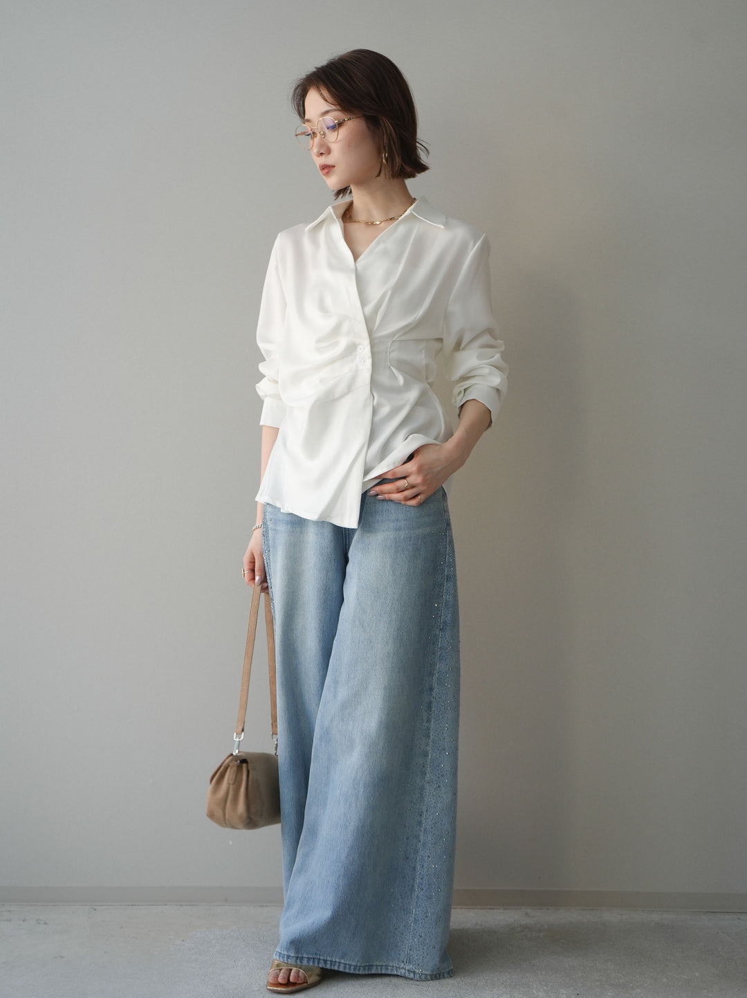 [予約]サイドビジューワイドデニムパンツ/lightblue