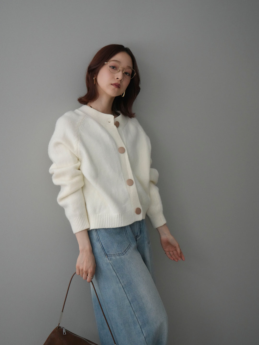 [SET]BIGボタンニットカーディガン+ベルト付裏起毛カーブデニムパンツ(2set)