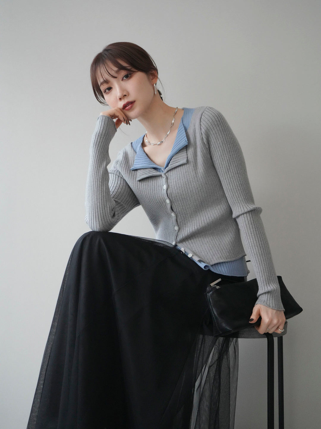 [予約]配色レイヤードリブニットカーディガン/gray