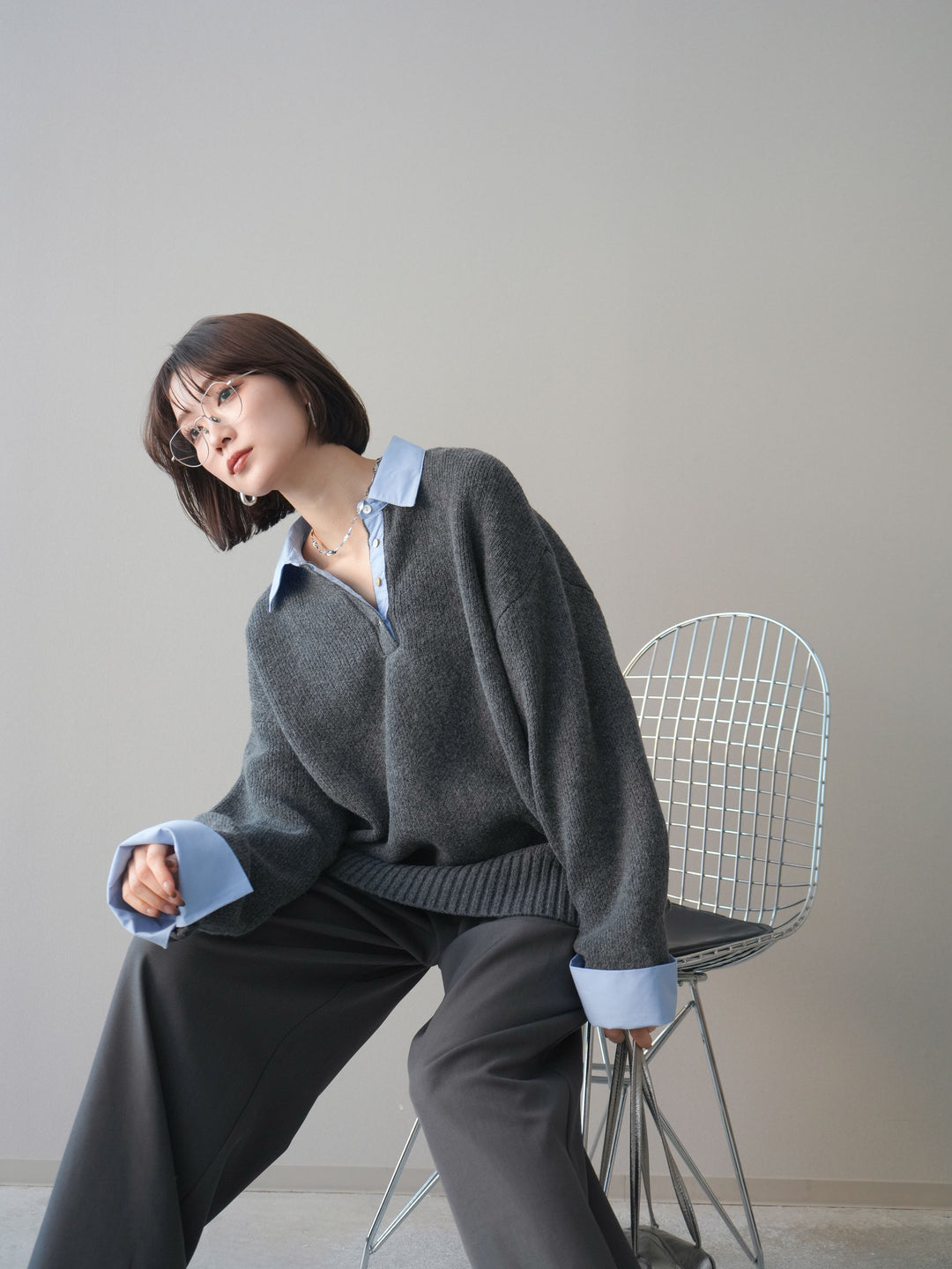 [予約]シャツドッキングオーバーニットプルオーバー/charcoalsax