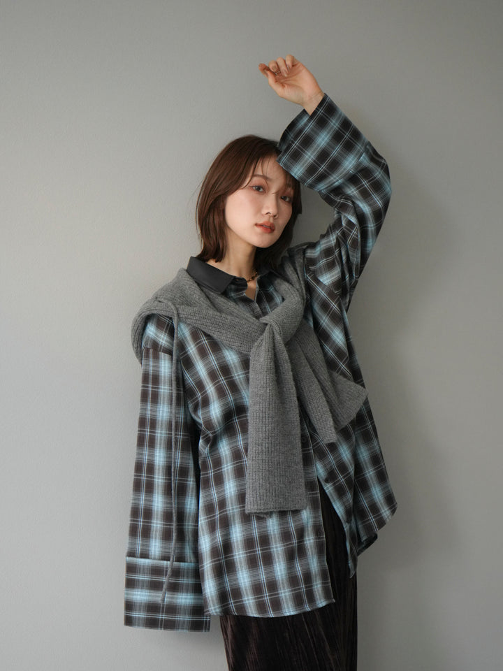 [予約]レザー襟オンブレチェックオーバーシャツ /ブルー