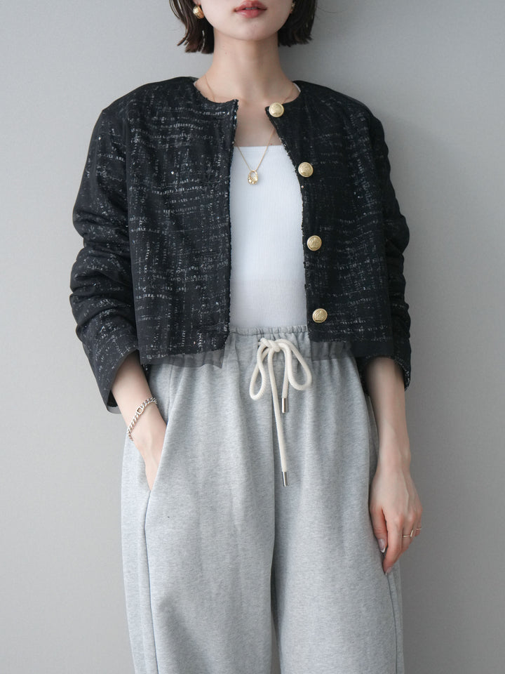[予約]チュールレイヤードツイードクロップドジャケット/black
