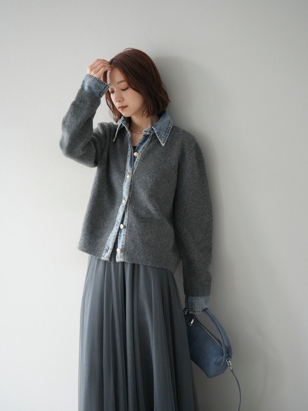 [予約]デニム襟ボタンニットカーディガン/チャコール