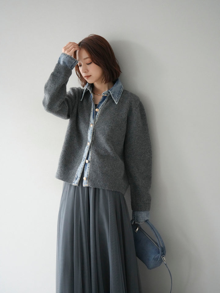 [予約]デニム襟ボタンニットカーディガン/チャコール