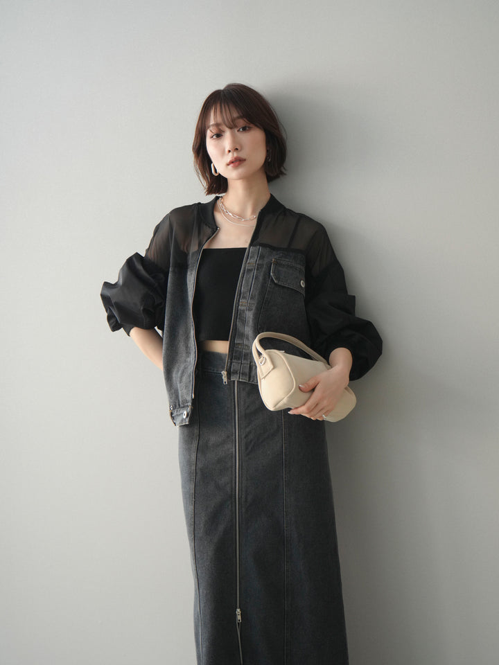 [SET]異素材デニムブルゾン+フロントジップデニムスカート(2set)