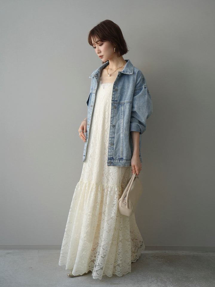[SET]ギャザー切替レースキャミワンピース+デザインBIGポケットオーバーデニムジャケット(2set)