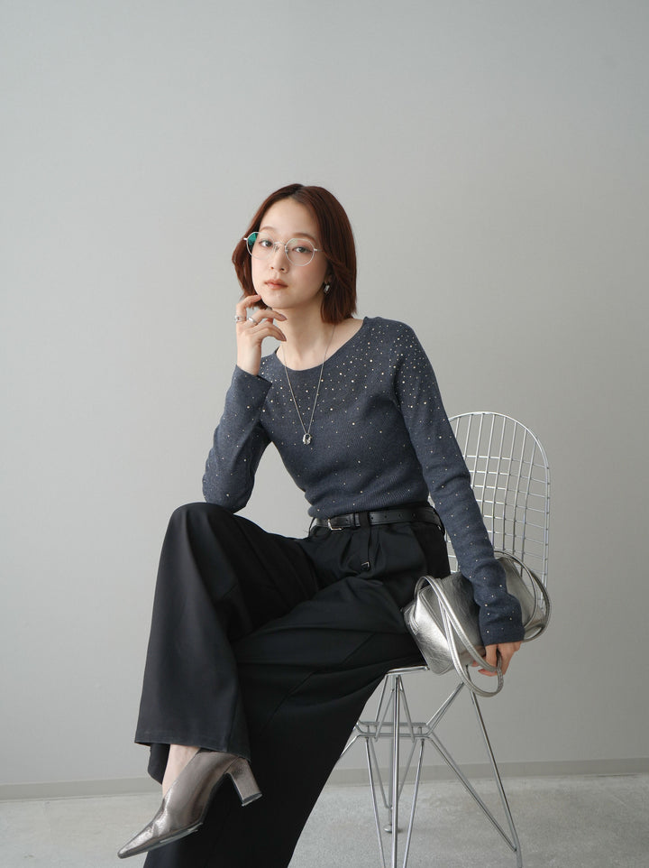 [SET]スパンコールシアーニットトップス+選べるアクセセット(2set)