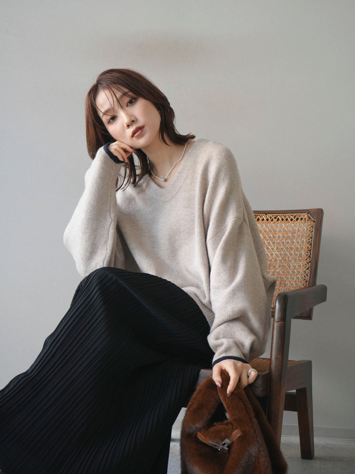 [SET]Vネック配色スリーブニットプルオーバー+選べるアクセセット(2set)