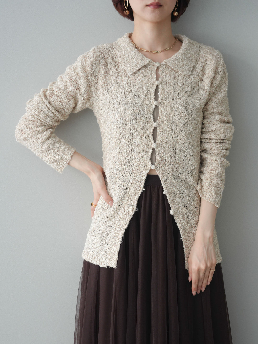 [予約]透かし編みブークレポロニットトップス/beige