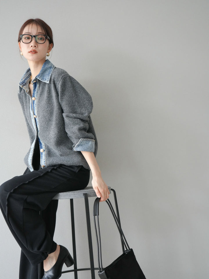 [SET]デニム襟ボタンニットカーディガン+2WAYデザインスウェットパンツ(2set)