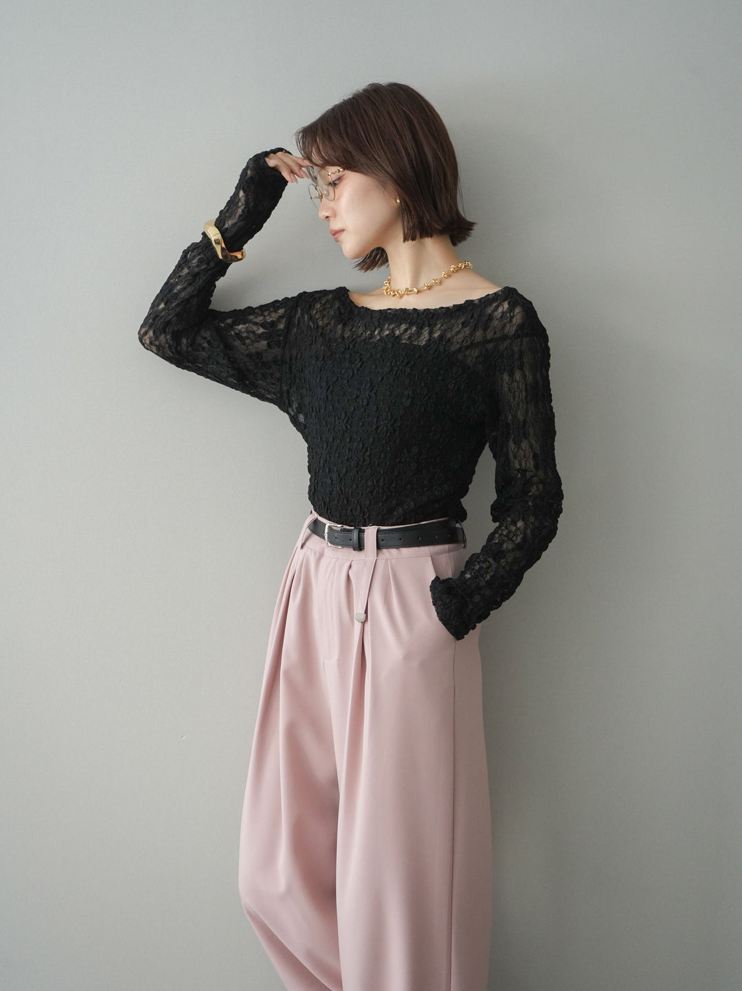 [SET]サイドギャザーレーストップス+サイドギャザーレーストップス(2set)