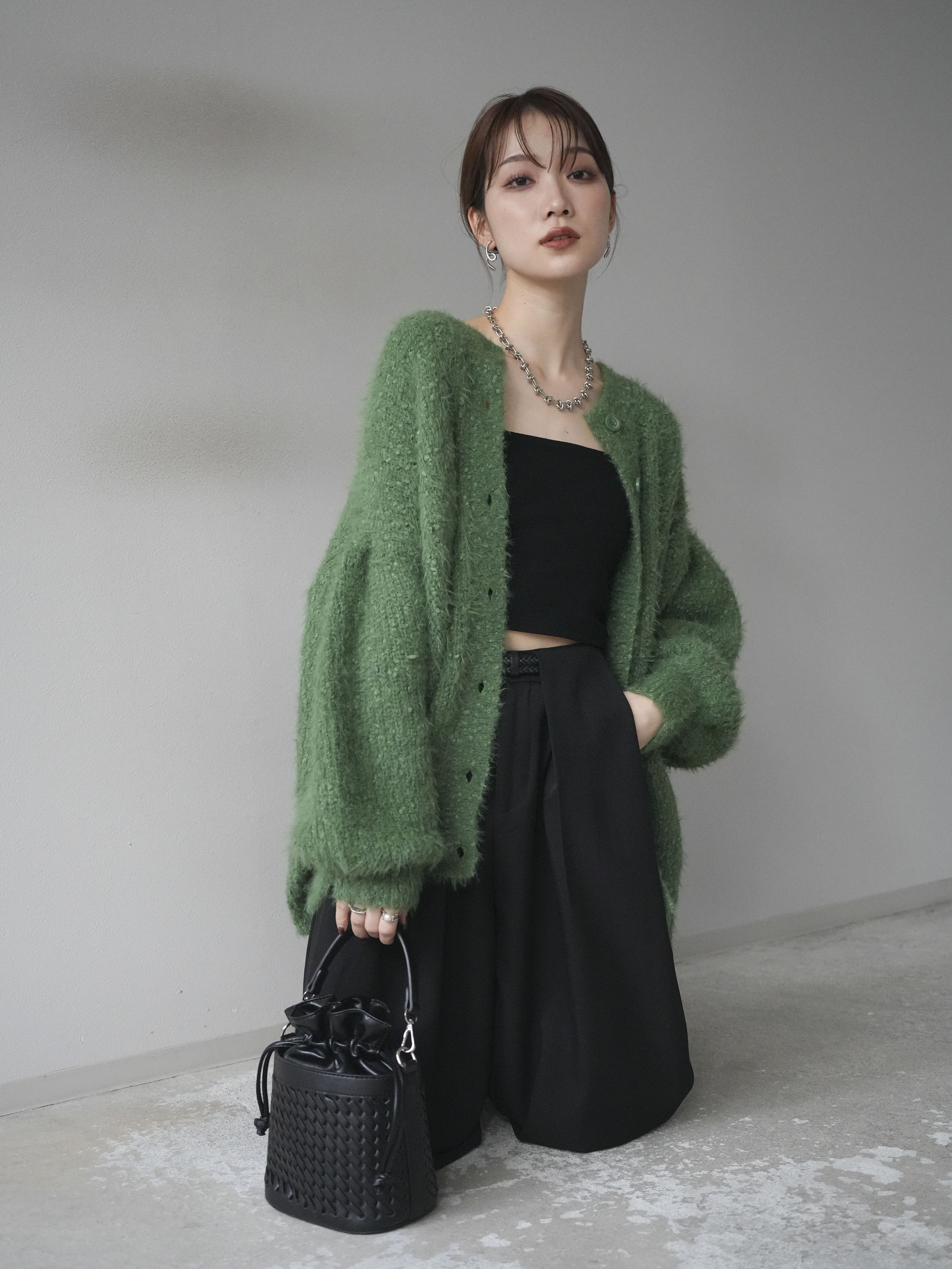 予約]クルーネックランダムシャギーカーディガン/グリーン – Lumier
