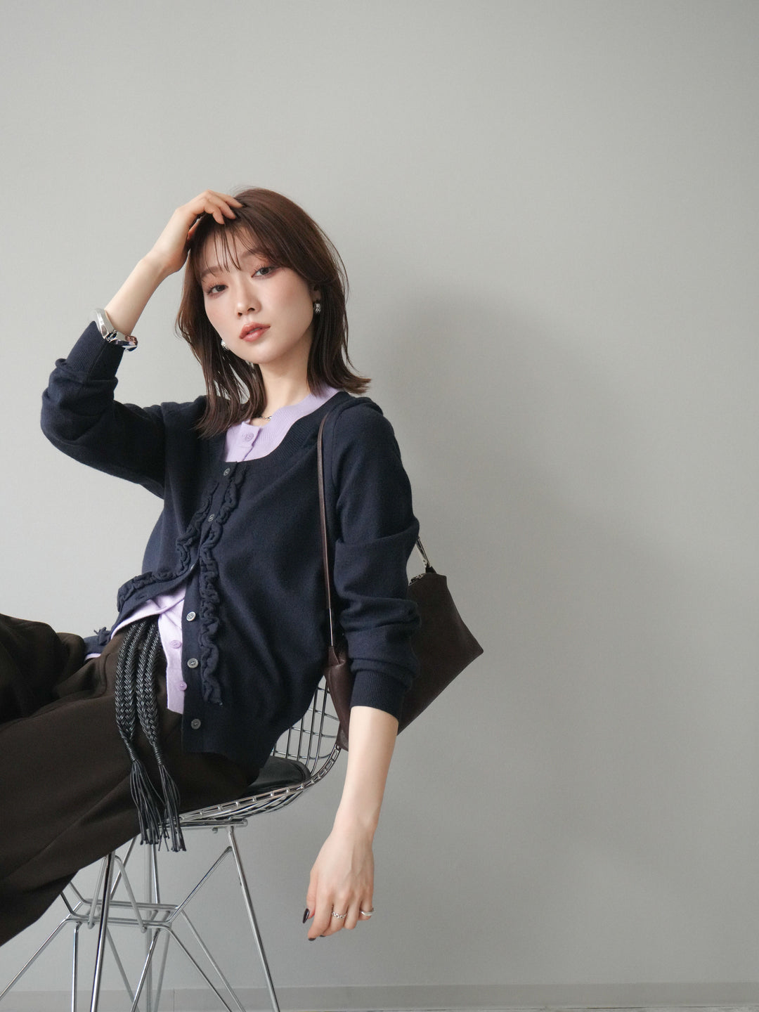 [予約]配色レイヤードフリルデザインニットカーディガン/black