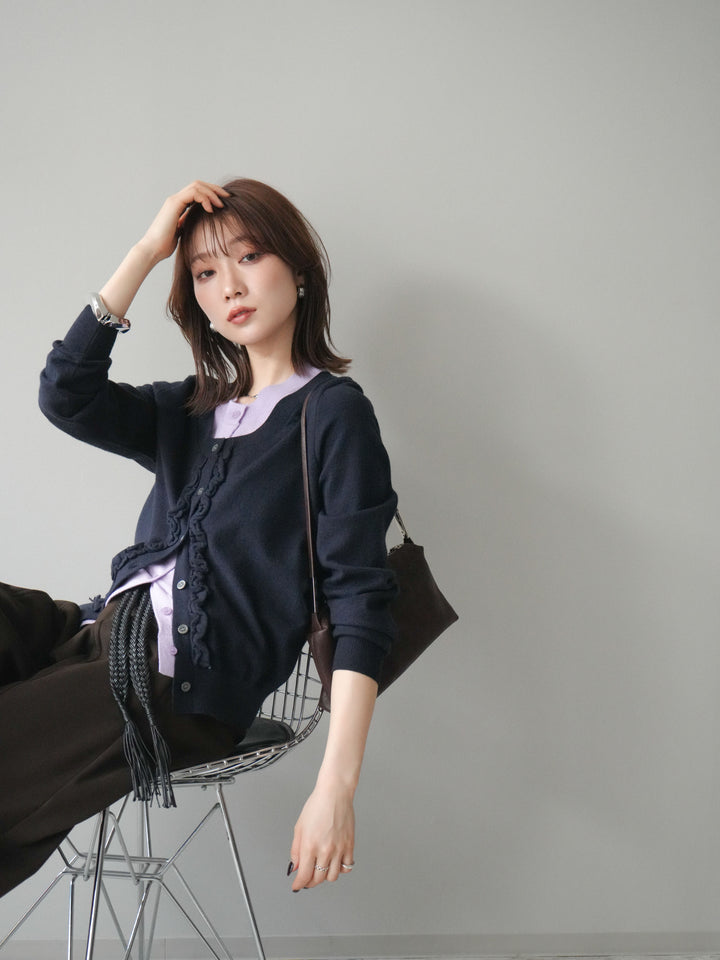 [予約]配色レイヤードフリルデザインニットカーディガン/black