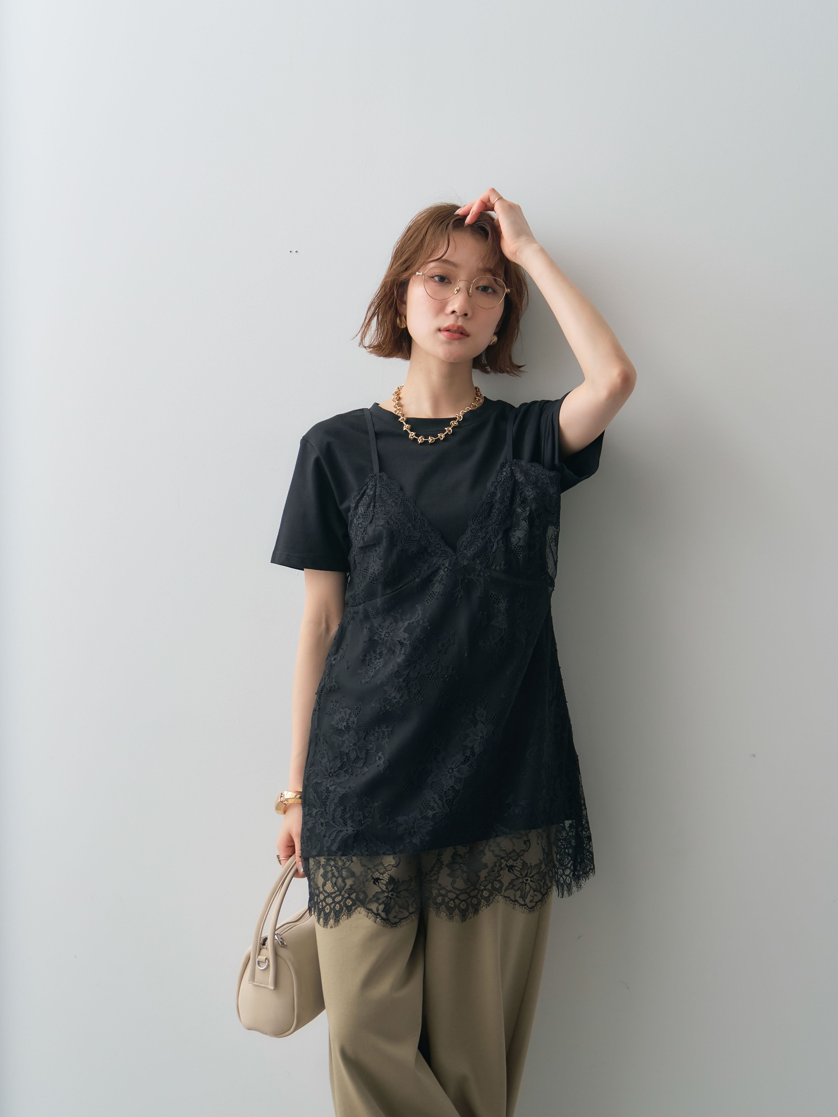 予約]レースキャミチュニックレイヤードTEE/black – Lumier