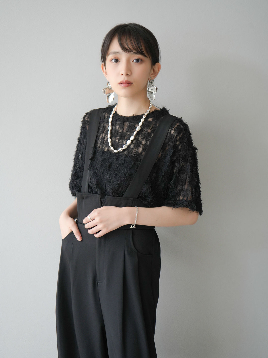 [Pre-order] Fringe Tulle 5/4 Sleeve Over Top/Black