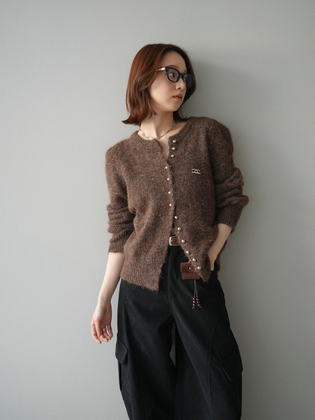 [予約]ブローチ付silverボタンミックスニットカーディガン/brown