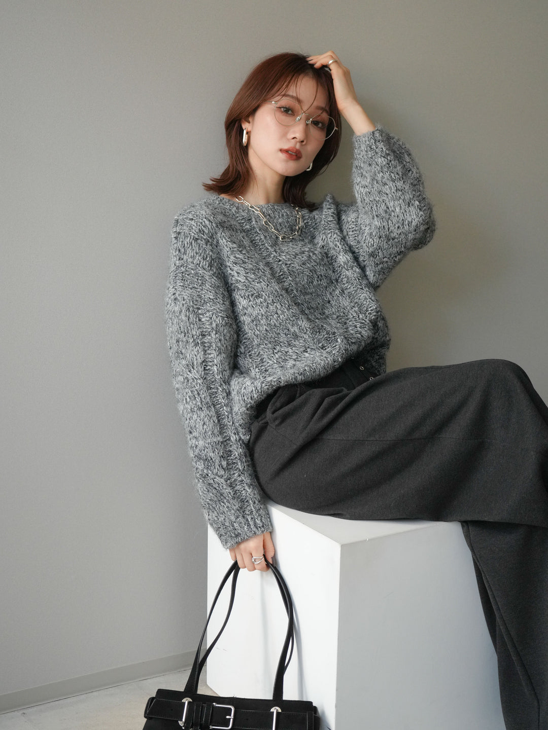 [予約]ワイドケーブルミックスニットプルオーバー/gray