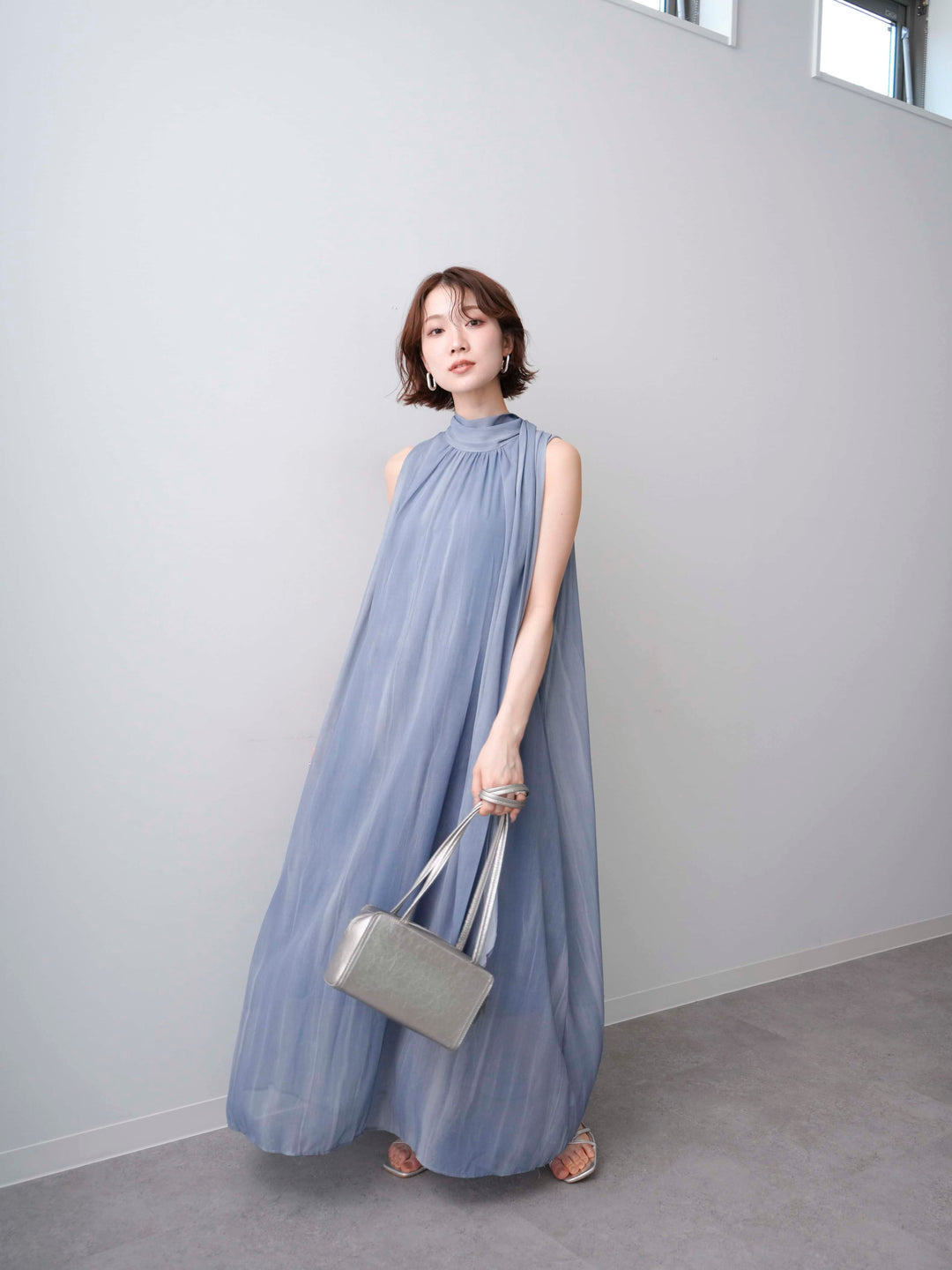 [予約]ニュアンスストライプバックリボンノースリワンピース/blue