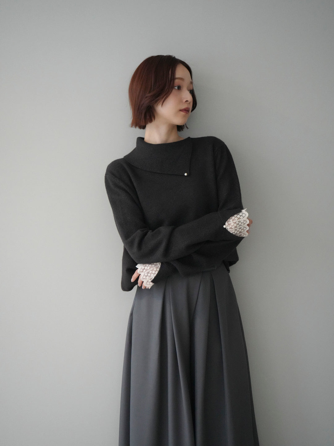 [SET]袖レースパール付き配色ニットトップス+テープベルトタックバギーパンツ(2set)